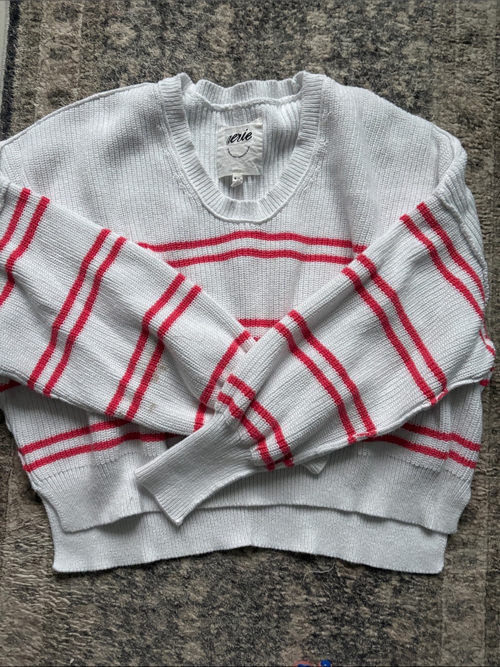 aerie White Sweater with Pink Stripes